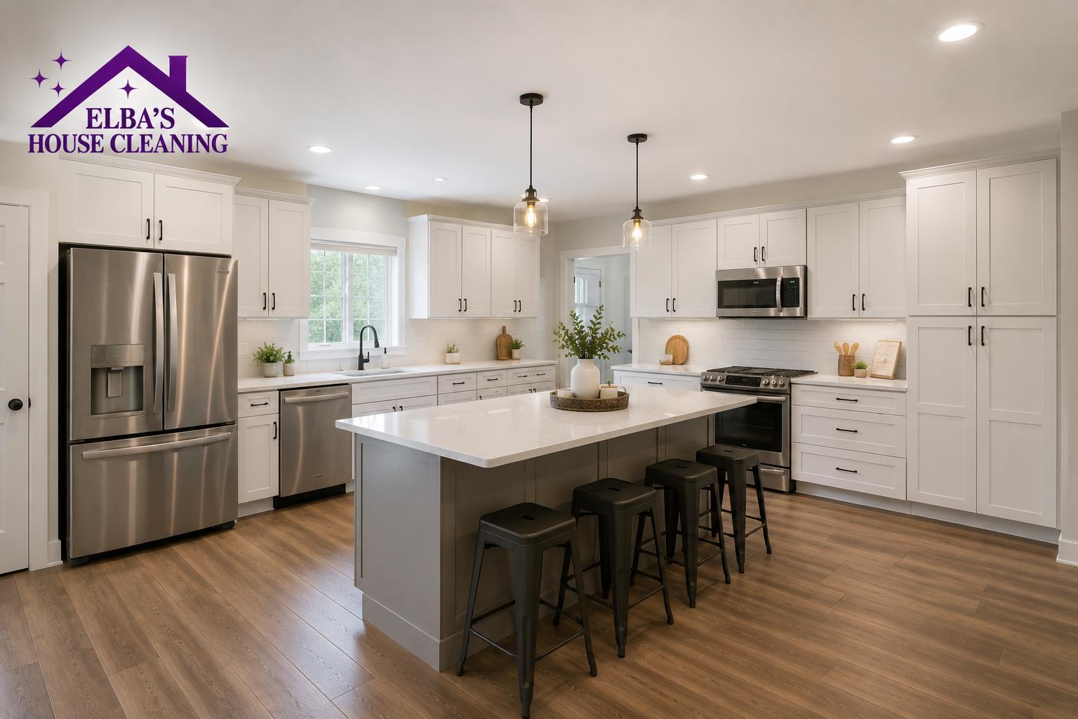 Clean kitchen with Elba’s House Cleaning branding
